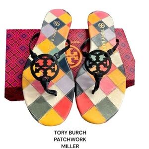 Tory Burch Miller knotted sandals, patchwork print, size 8